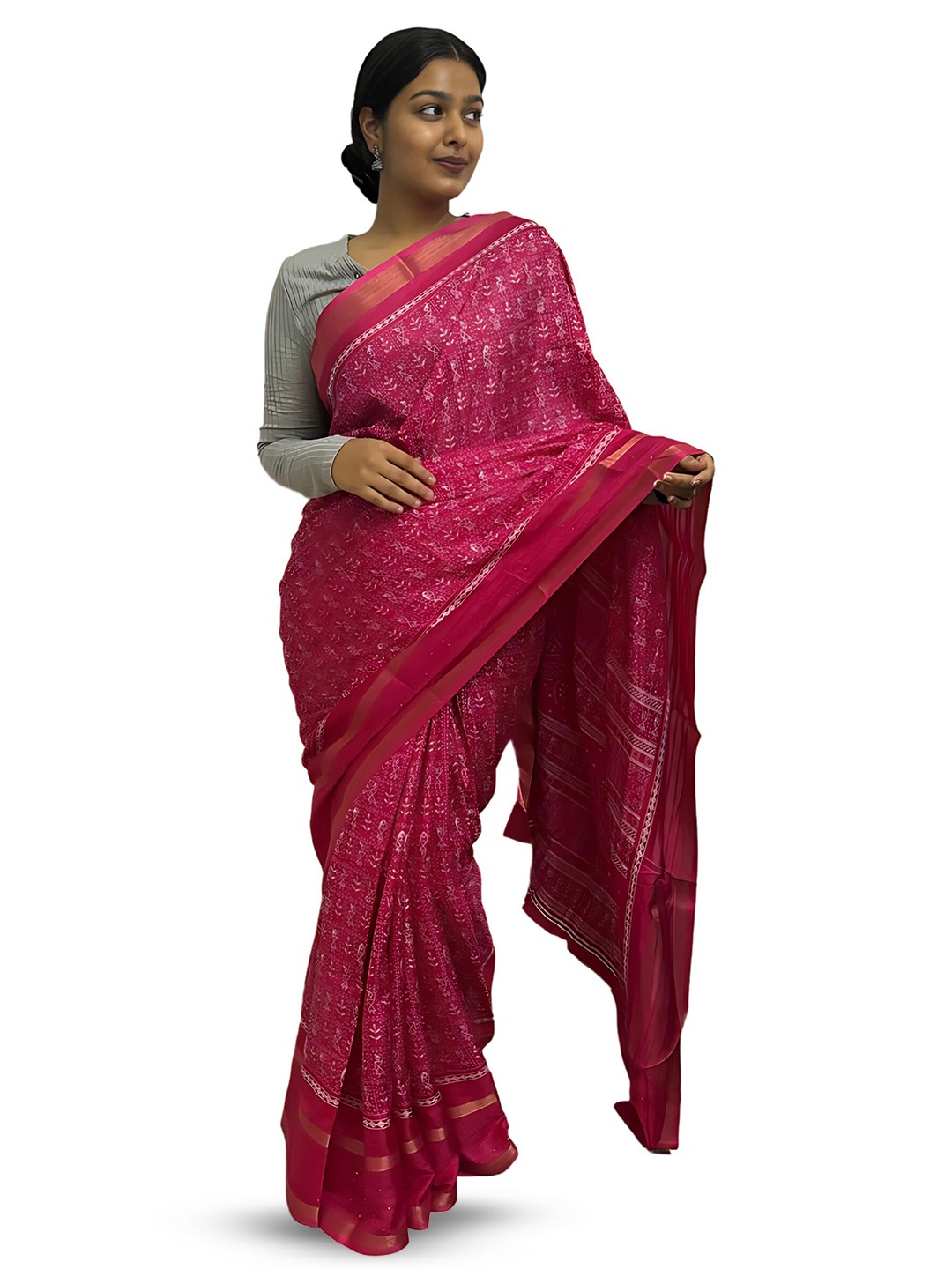 

SANJANA SILK Warli Zari Chanderi Saree, Pink