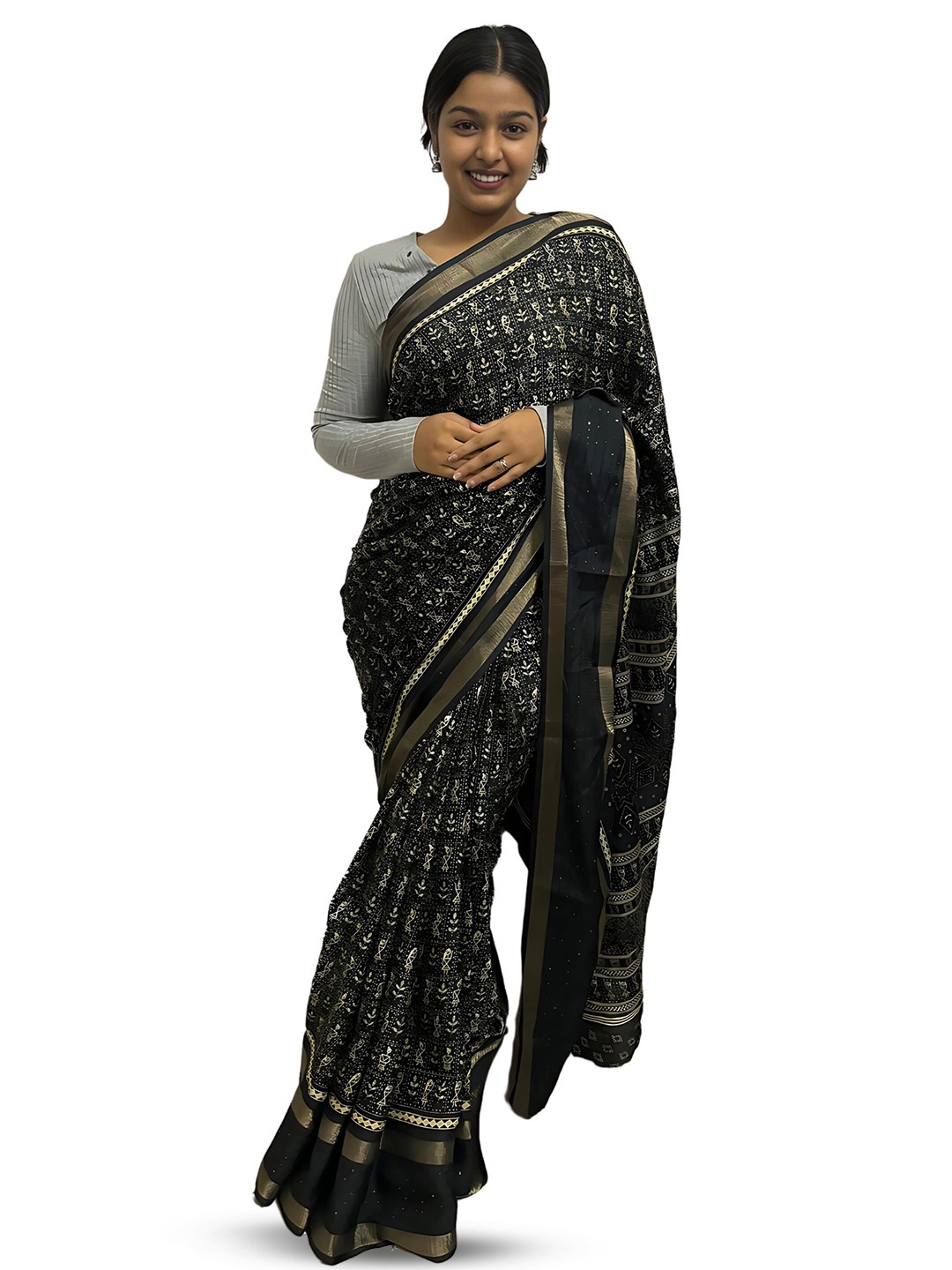 

SANJANA SILK Warli Zari Chanderi Saree, Black