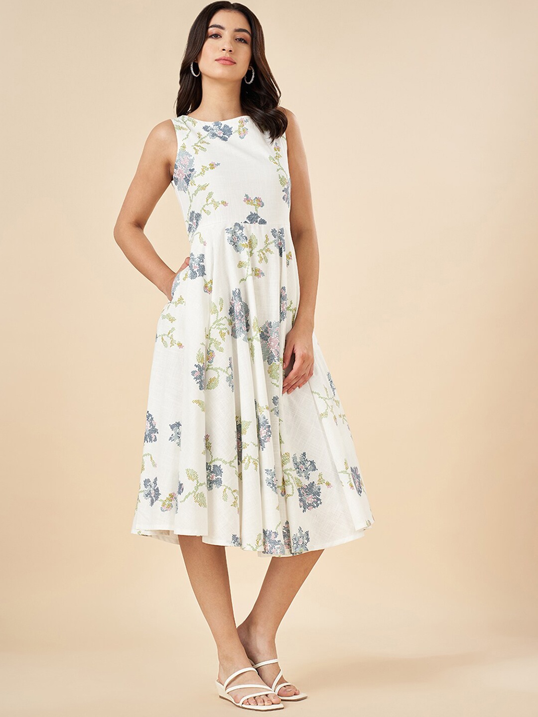 

AKKRITI BY PANTALOONS Floral Print Fit & Flare Midi Dress, Navy blue