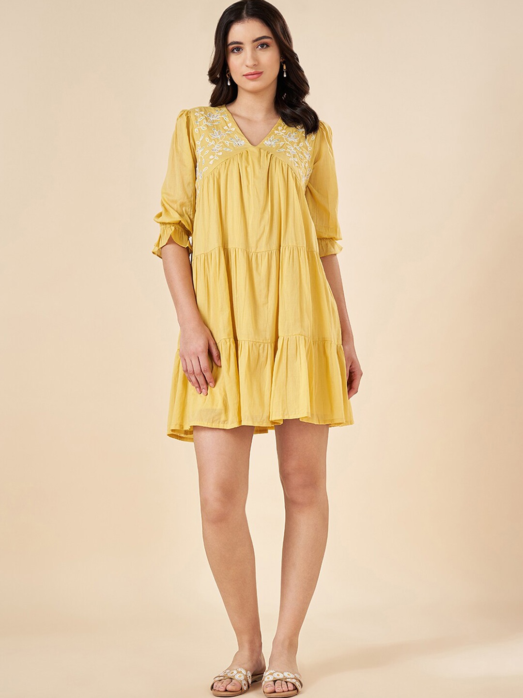 

AKKRITI BY PANTALOONS Embroidered A-Line Dress, Yellow