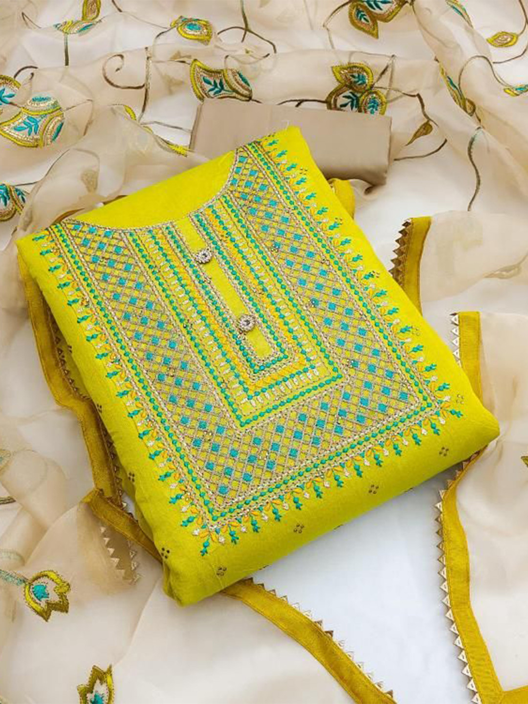 

Dori Embroidered Pure Cotton Unstitched Dress Material, Yellow