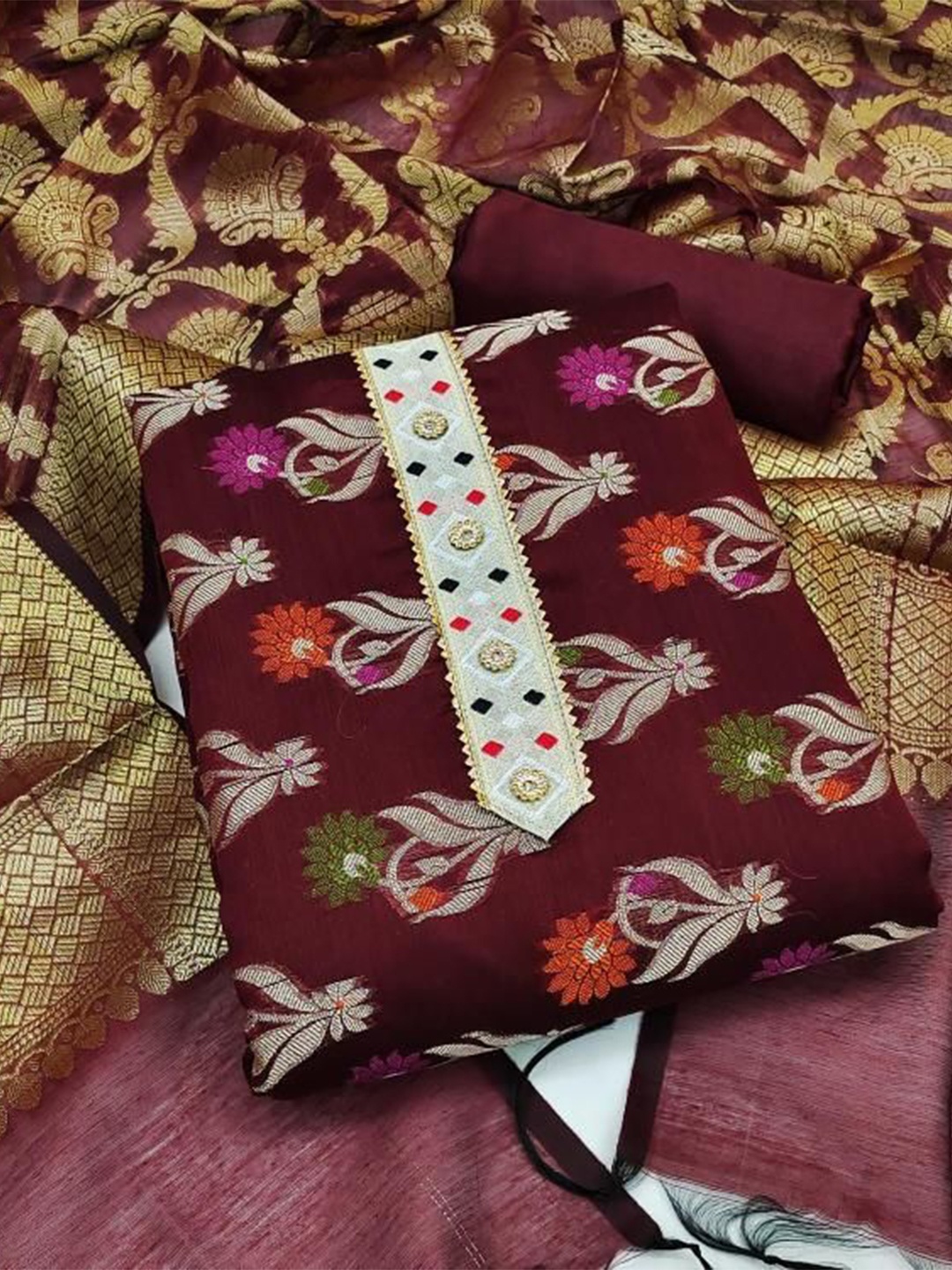 

Dori Embroidered Unstitched Dress Material, Maroon