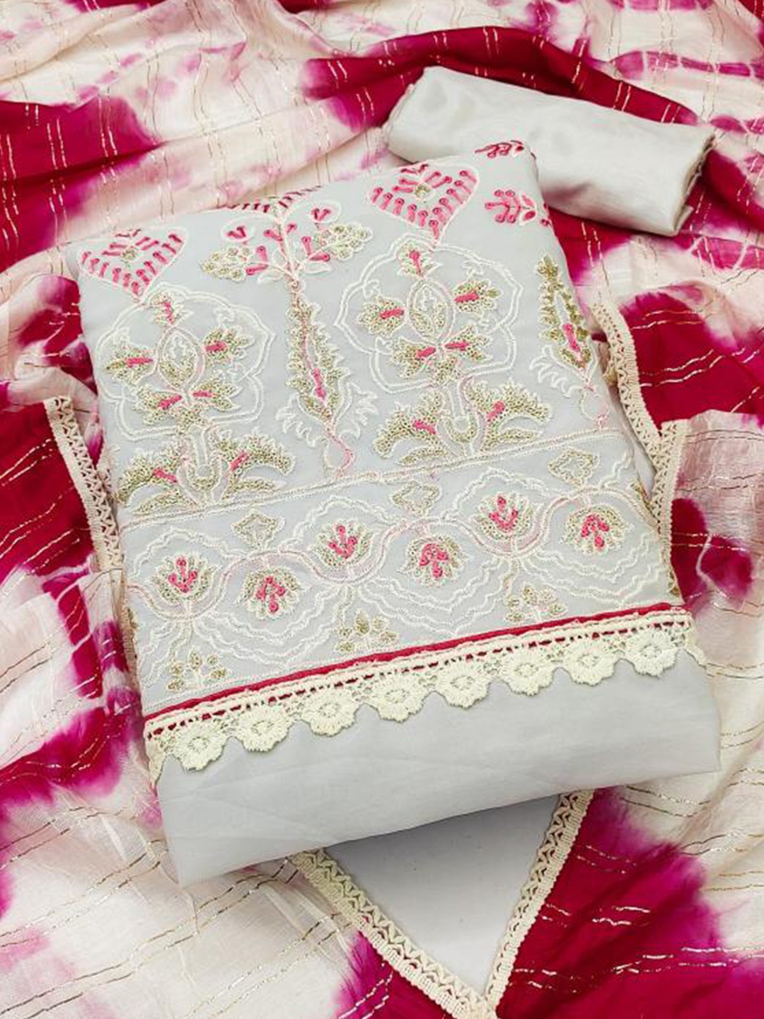 

Dori Embroidered Pure Silk Unstitched Dress Material, White