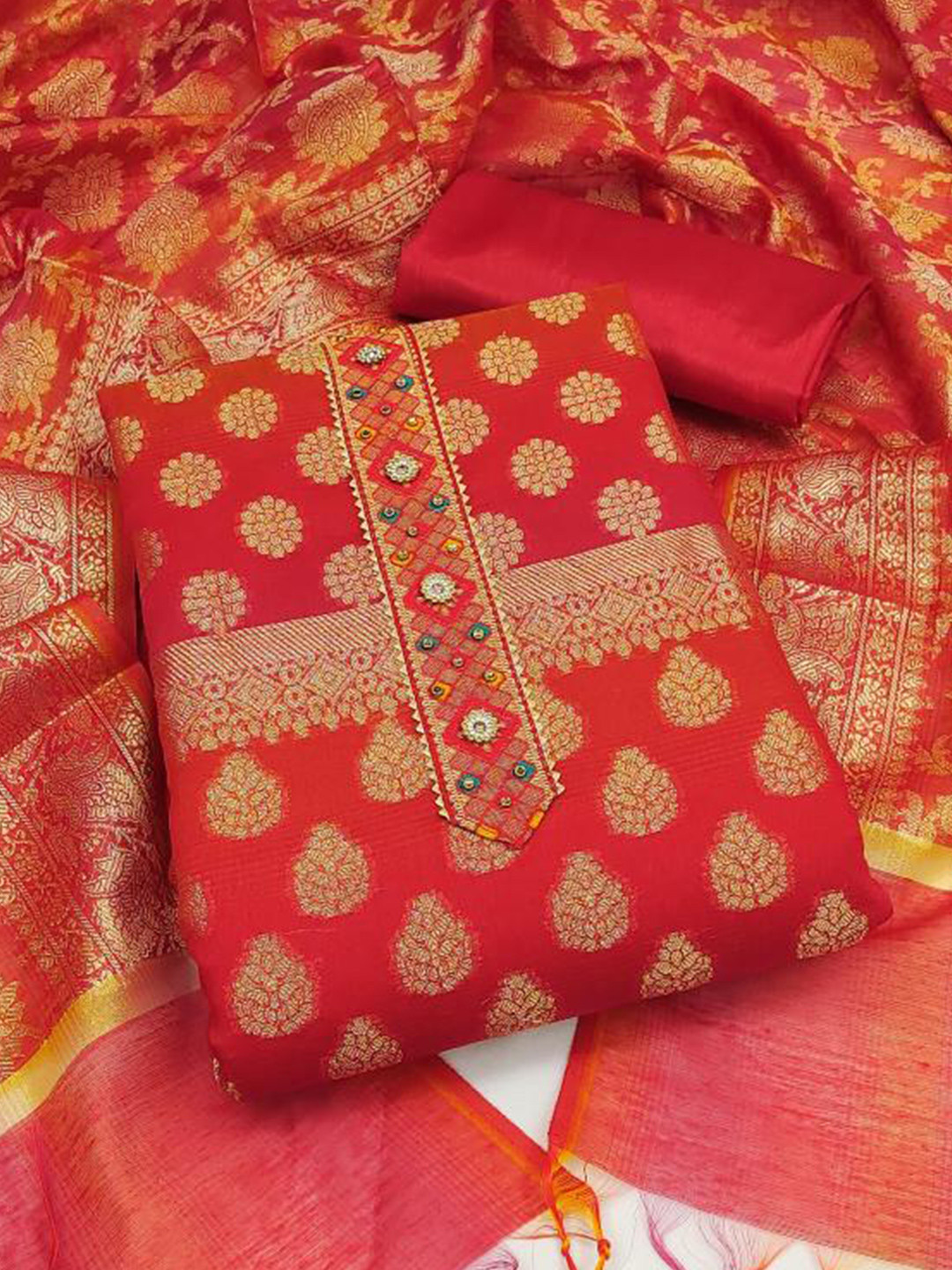 

Dori Embroidered Unstitched Dress Material, Red
