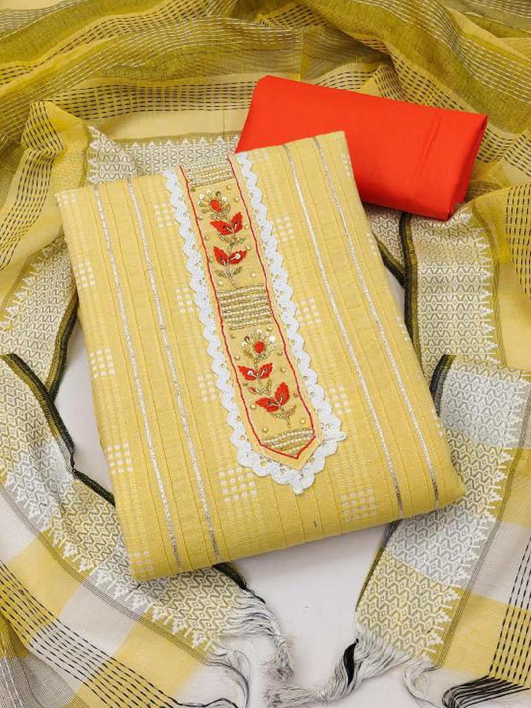

Dori Embroidered Pure Cotton Unstitched Dress Material, Yellow