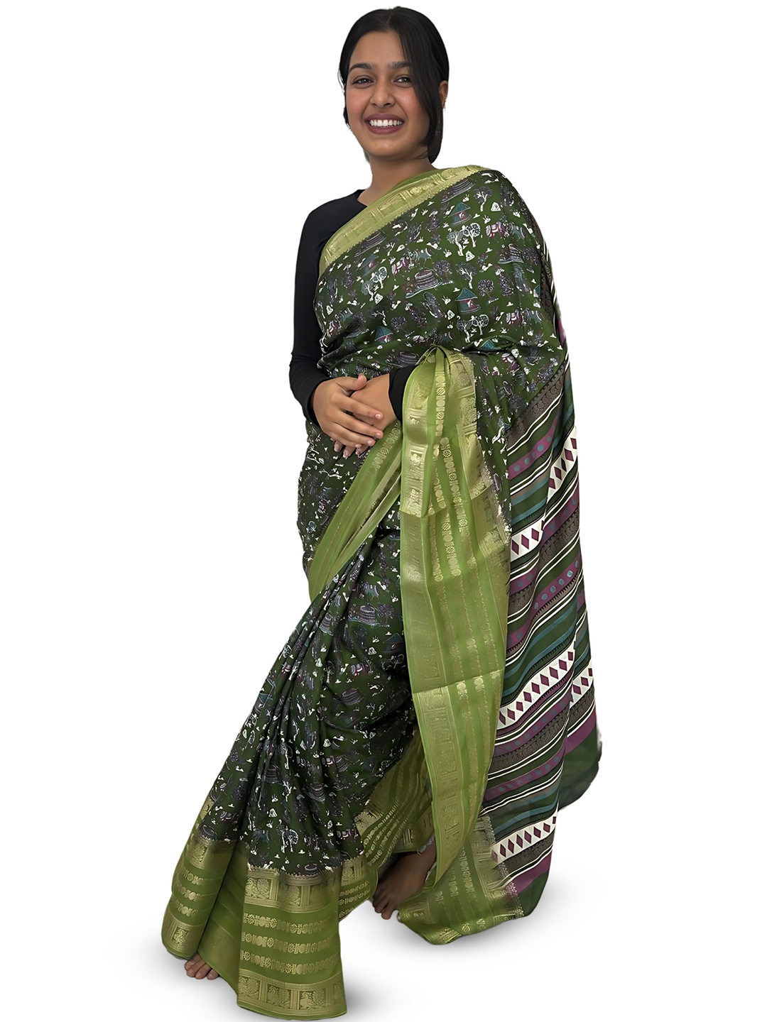 

Sanwariya Silk Floral Zari Chanderi Saree, Olive