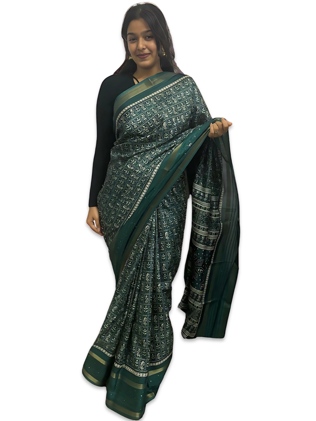 

Sanwariya Silk Floral Zari Fusion Chanderi Saree, Green