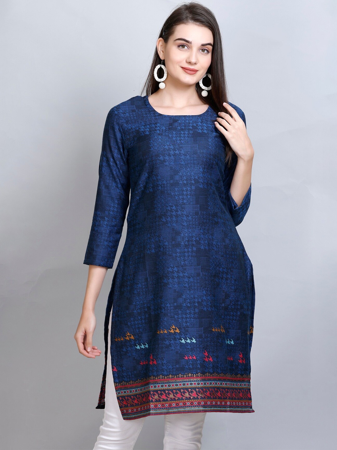 

KIDAR Ethnic Motifs Printed Jacquard Cotton Silk Straight Kurta, Blue