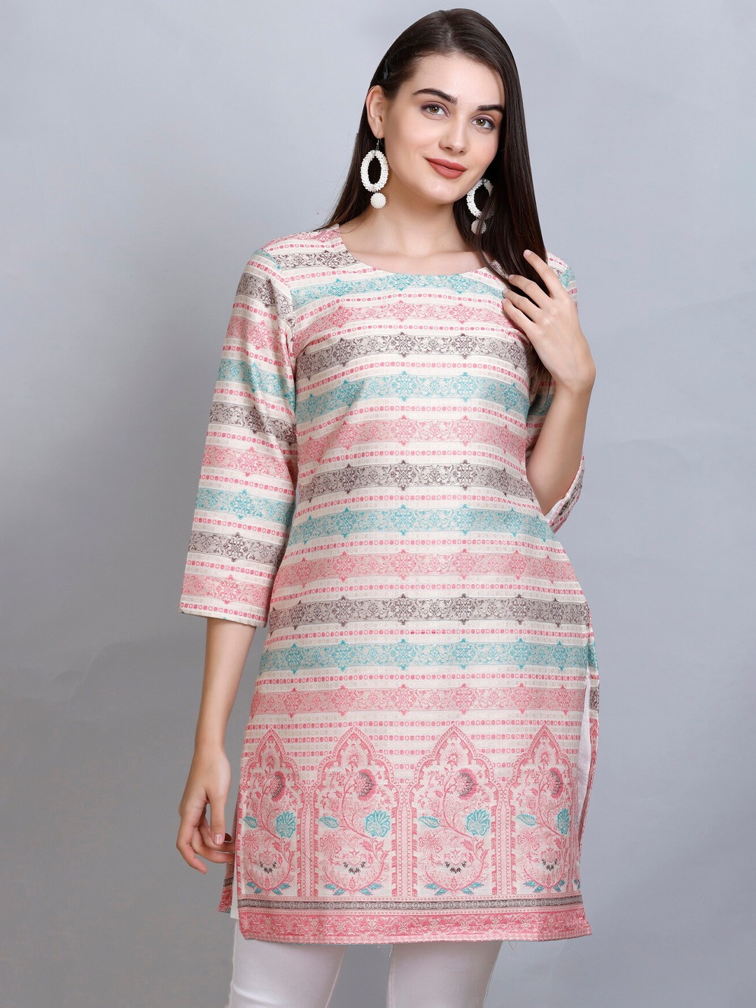 

KIDAR Ethnic Motifs Woven Design Jacquard Cotton Silk Straight Kurti, White