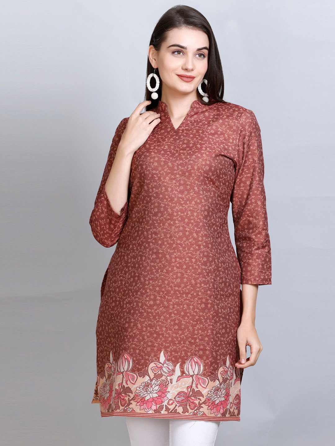 

KIDAR Ethnic Motifs Woven Design Jacquard Kurti, Brown