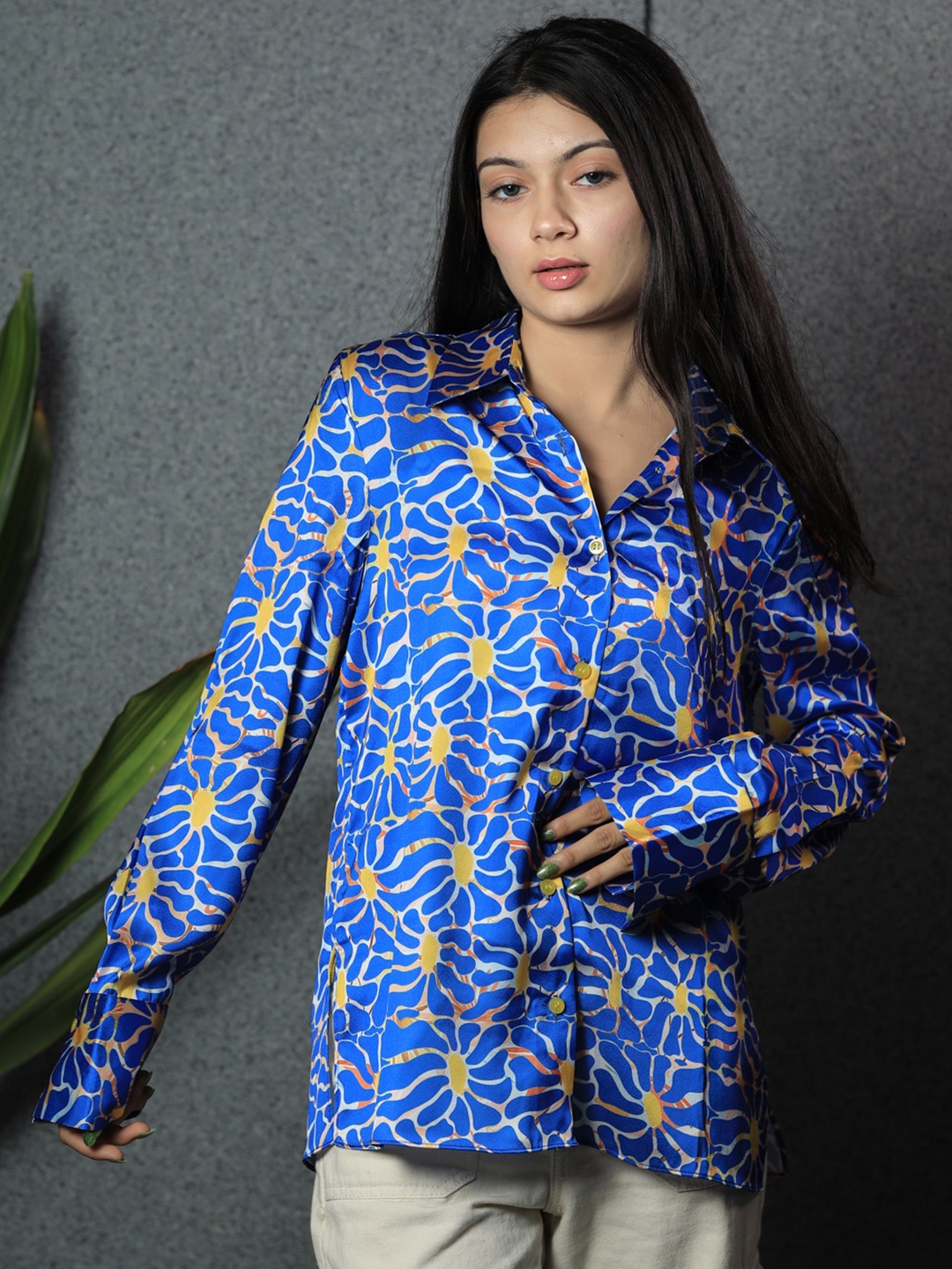 

BAESD Women Premium Floral Opaque Printed Party Shirt, Blue