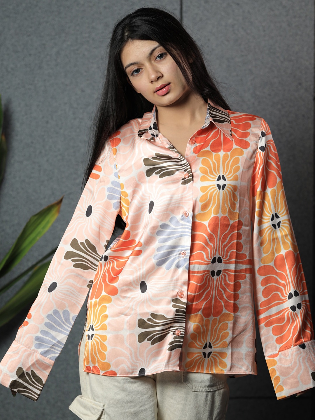 

BAESD Women Premium Floral Opaque Printed Party Shirt, Peach