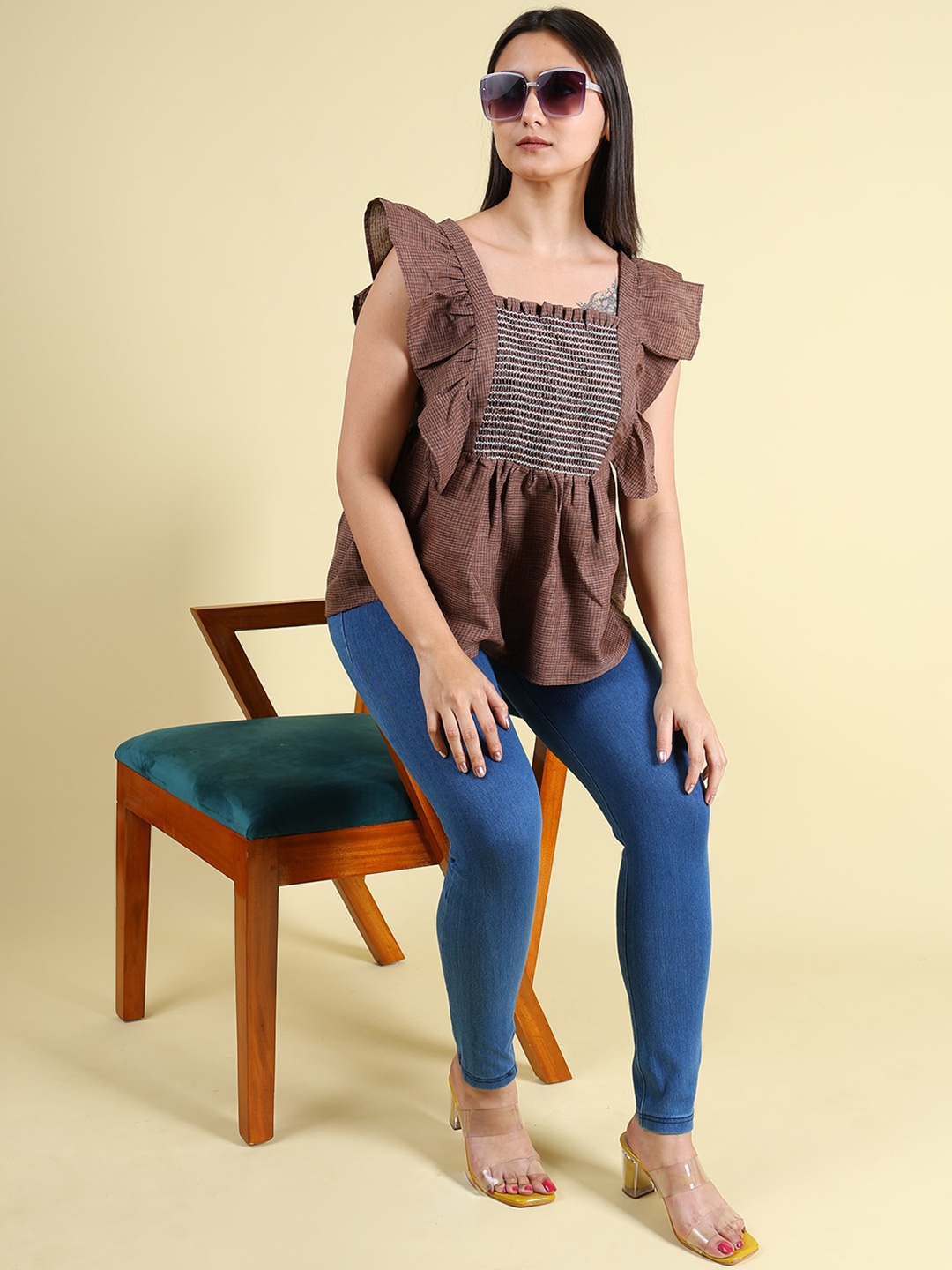 

GRANTH FASHION Women Checkered Printed Flutter Sleeve Peplum Top, Brown