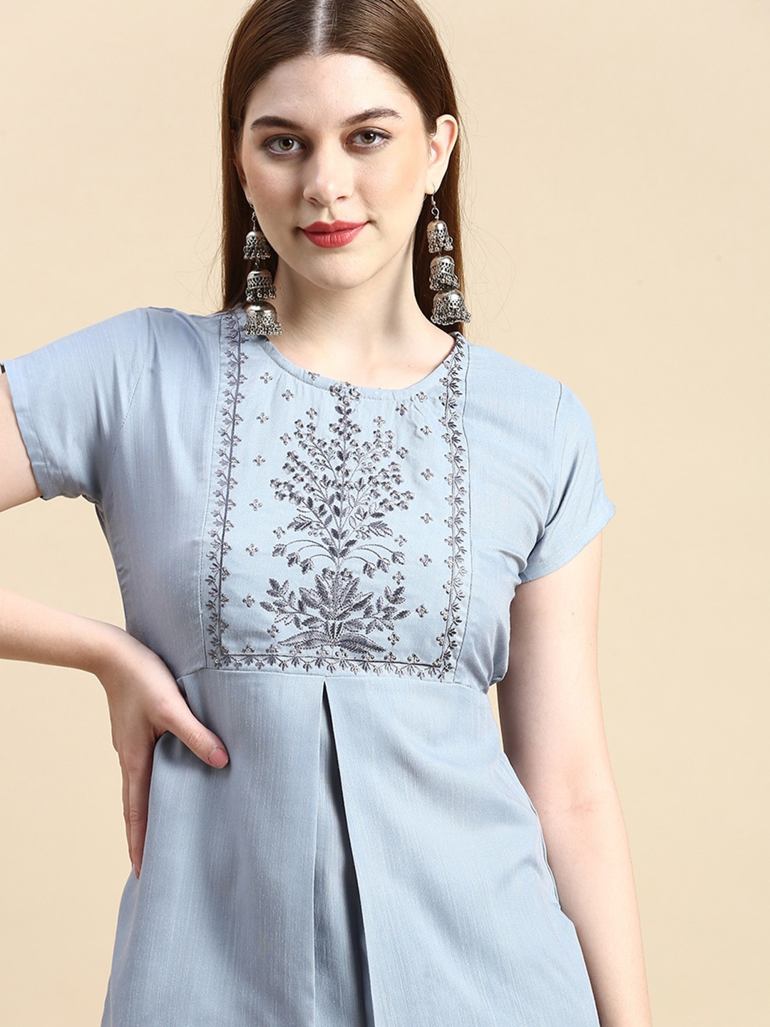 

GRANTH FASHION Women Short Sleeve Embroidered Hip Length Top, Blue
