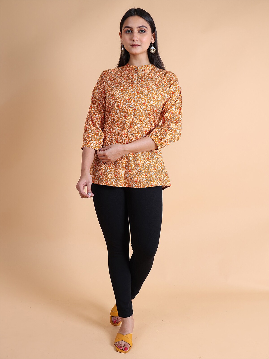 

GRANTH FASHION Floral Print Mandarin Collar Top, Orange