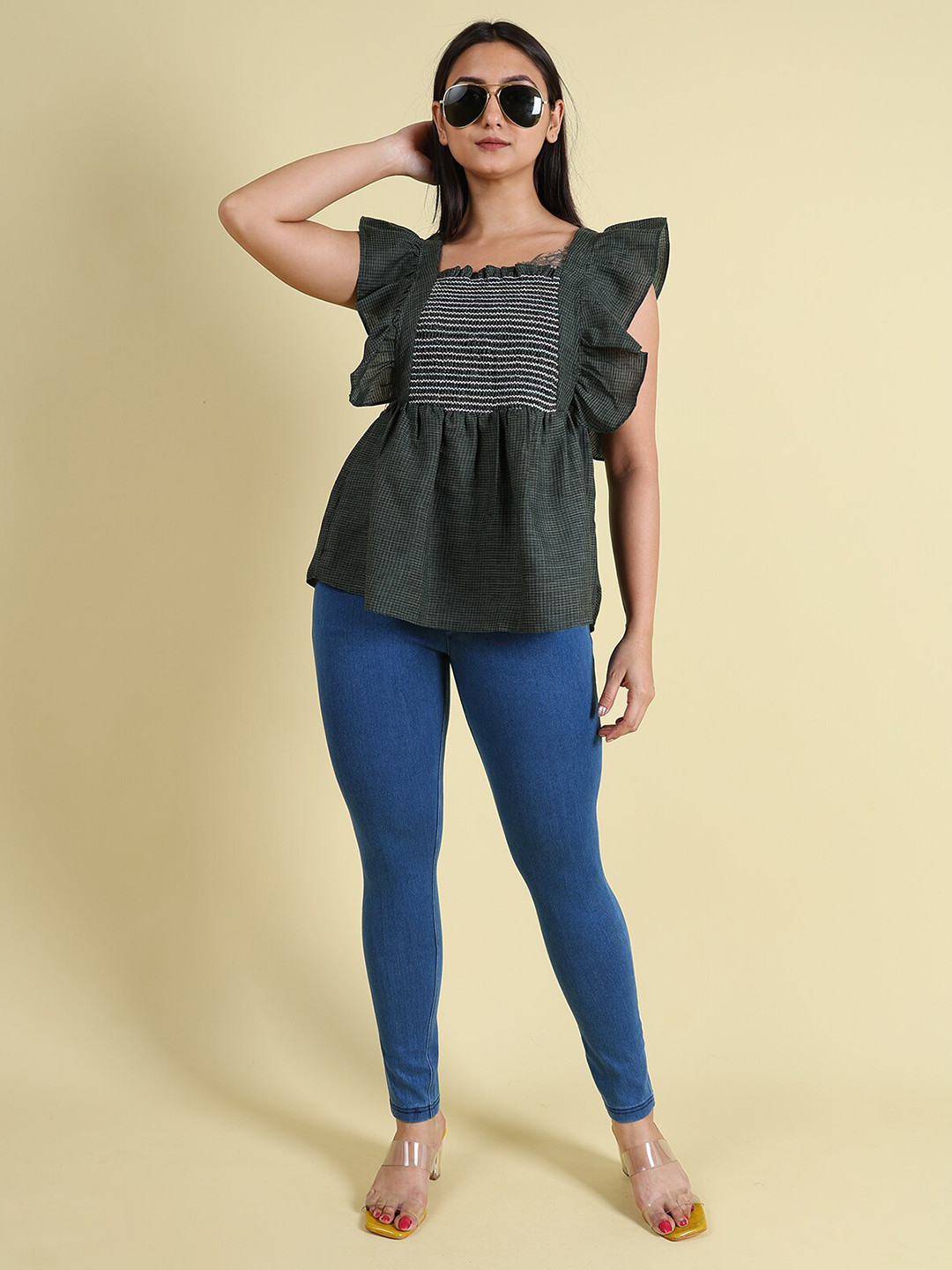 

GRANTH FASHION Printed Flutter Sleeve Short Sleeves Top, Green
