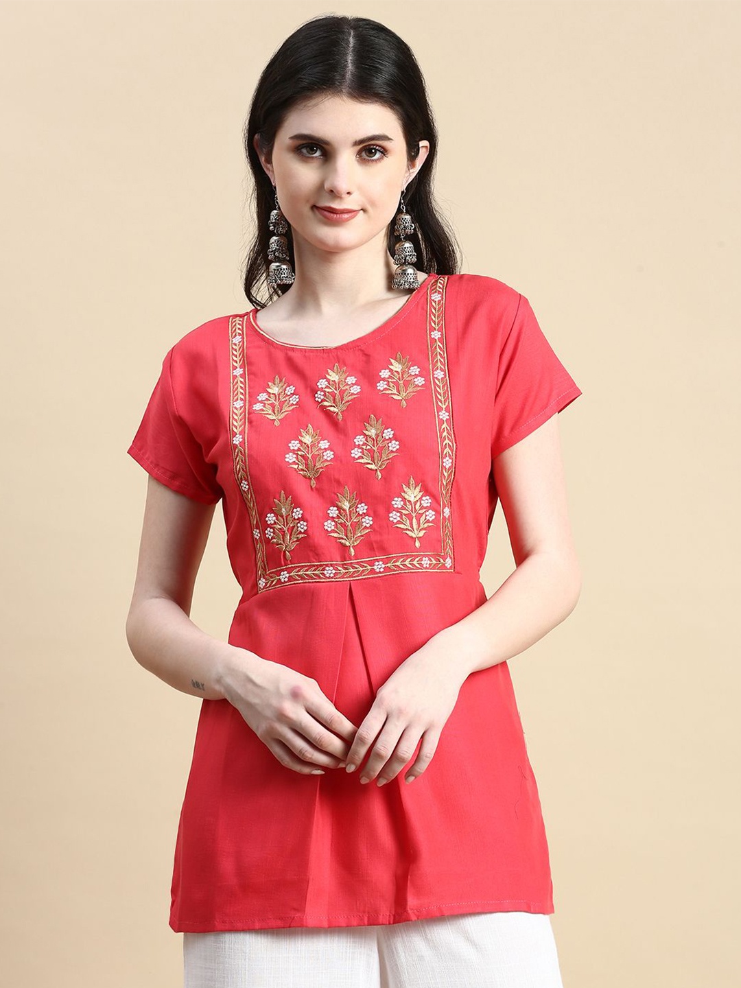 

GRANTH FASHION Women Floral Embroidered Regular Short Sleeve Top, Pink