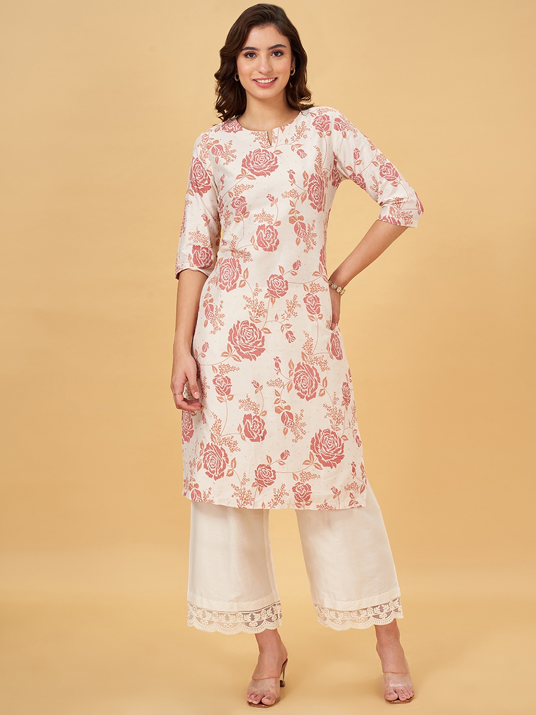 

RANGMANCH BY PANTALOONS Notched Neck Floral Printed Straight Kurta, Off white