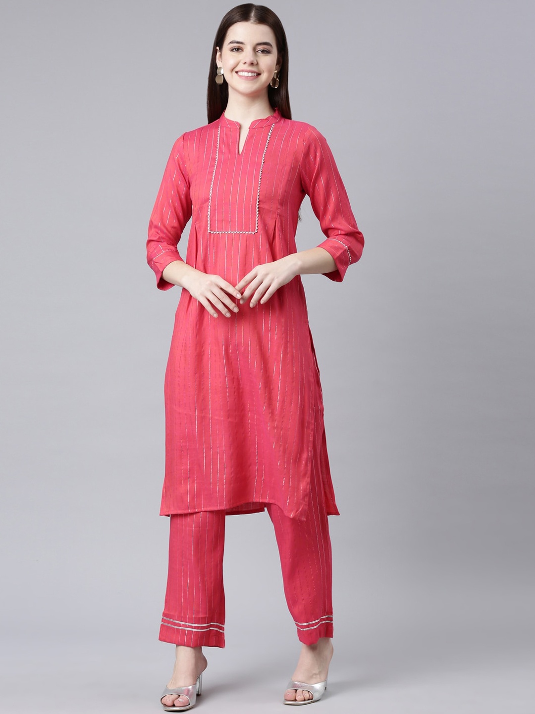 

Samhitas Women Striped Regular Zari Kurta with Trousers, Pink