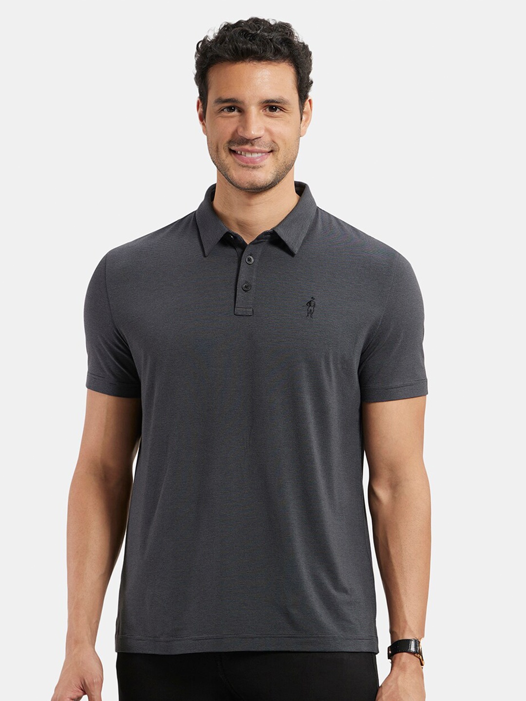 

Jockey Tencel Micro Modal and Cotton Blend Thin Stripe Half Sleeve Polo Tshirt-IM35, Black