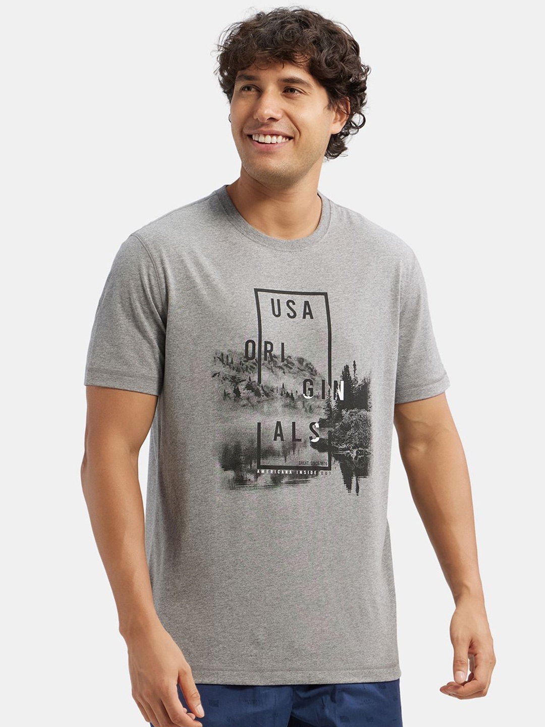

Jockey Super Combed Cotton Rich Graphic Printed Oversized Tshirt-US81, Grey melange