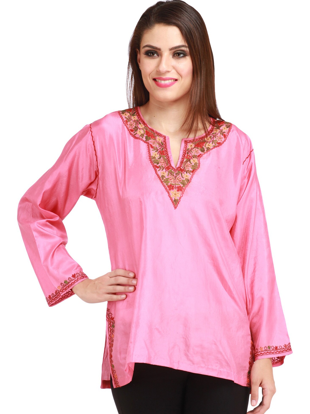 

Exotic India Ethnic Motifs Embroidered V-Neck Pure Silk Kurti, Pink