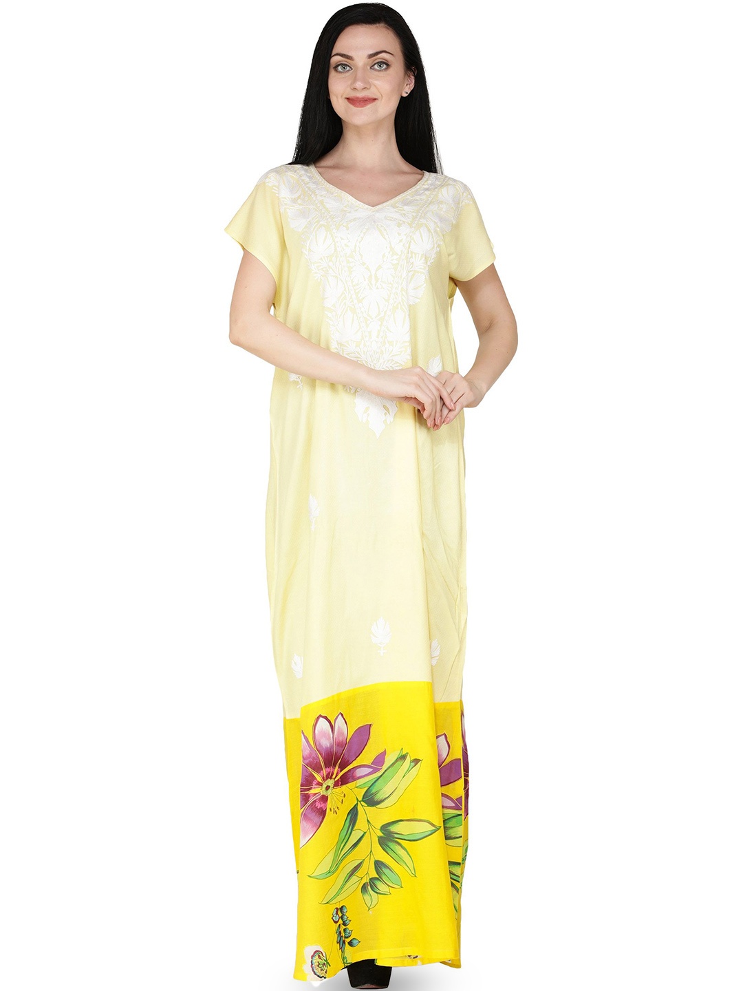 

Exotic India Pure Cotton Aari Embroidered Kashmiri Maxi Ethnic Dress with Printed Flowers, Yellow