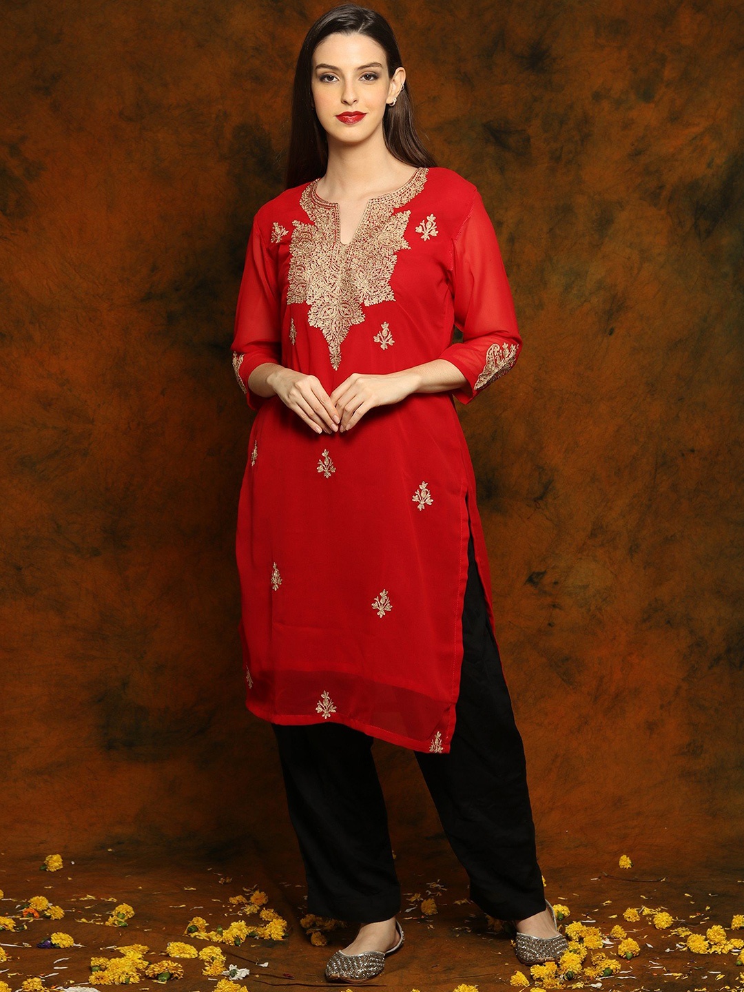 

Exotic India Women Embroidered Thread Work Pure Chiffon Kurta, Red