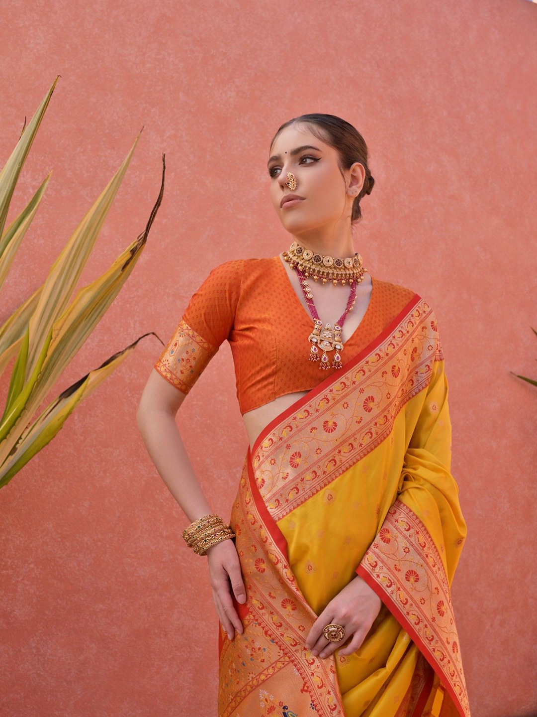

VISHNU WEAVES Woven Design Zari Pure Silk Paithani Saree, Yellow
