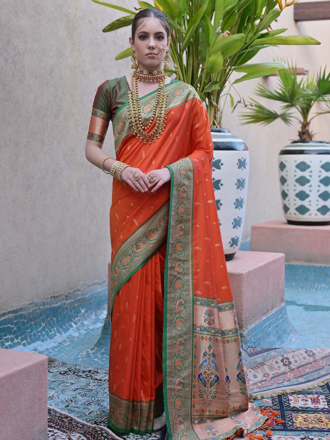 

VISHNU WEAVES Ethnic Motifs Zari Pure Silk Paithani Saree, Orange