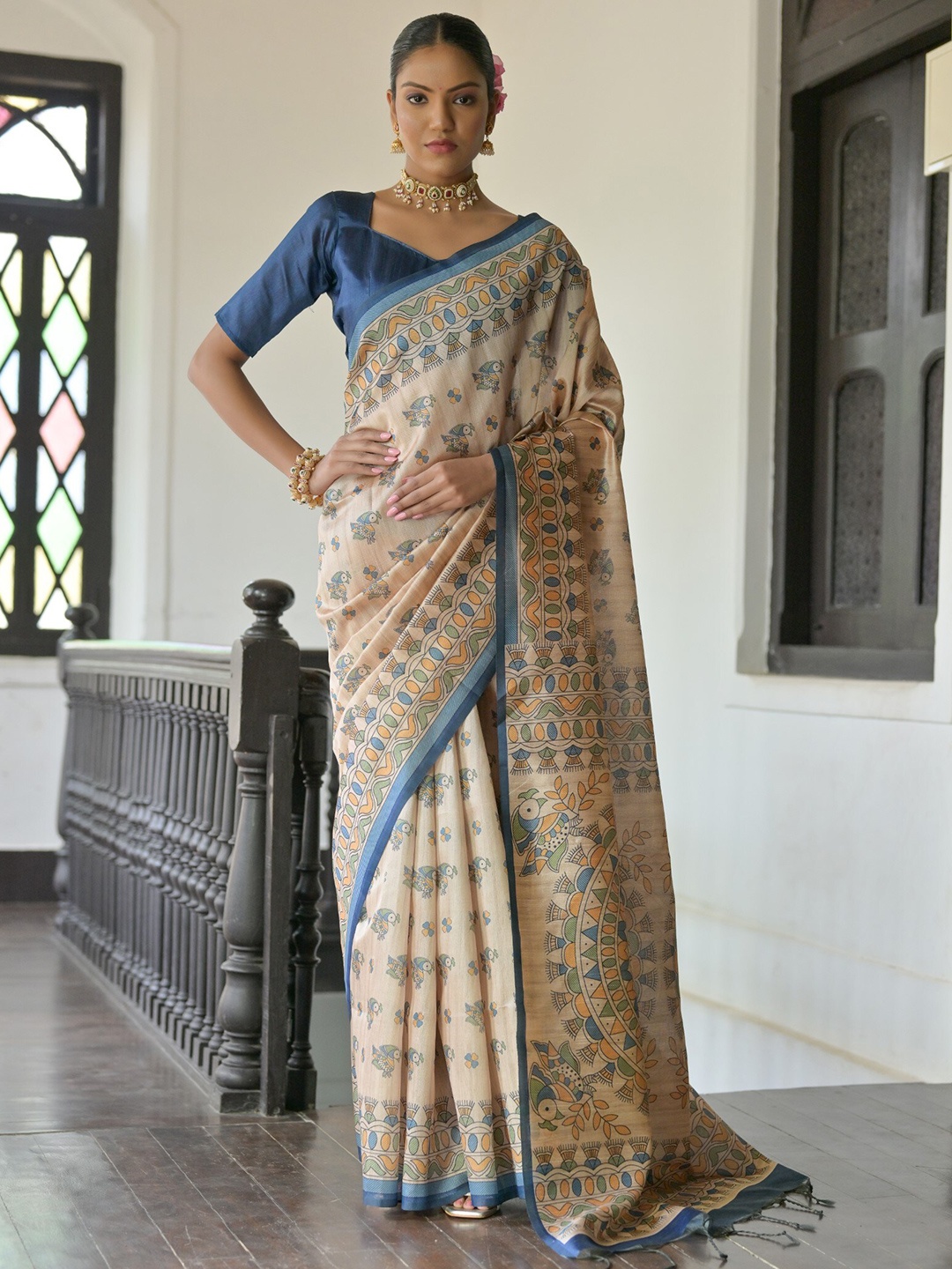 

VISHNU WEAVES Ethnic Motifs Tussar Saree, Cream
