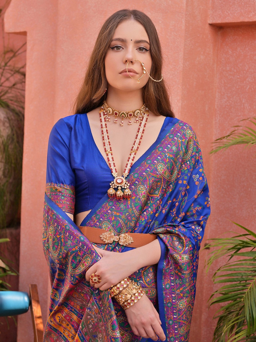 

VISHNU WEAVES Ethnic Motifs Pashmina Banarasi Saree, Blue
