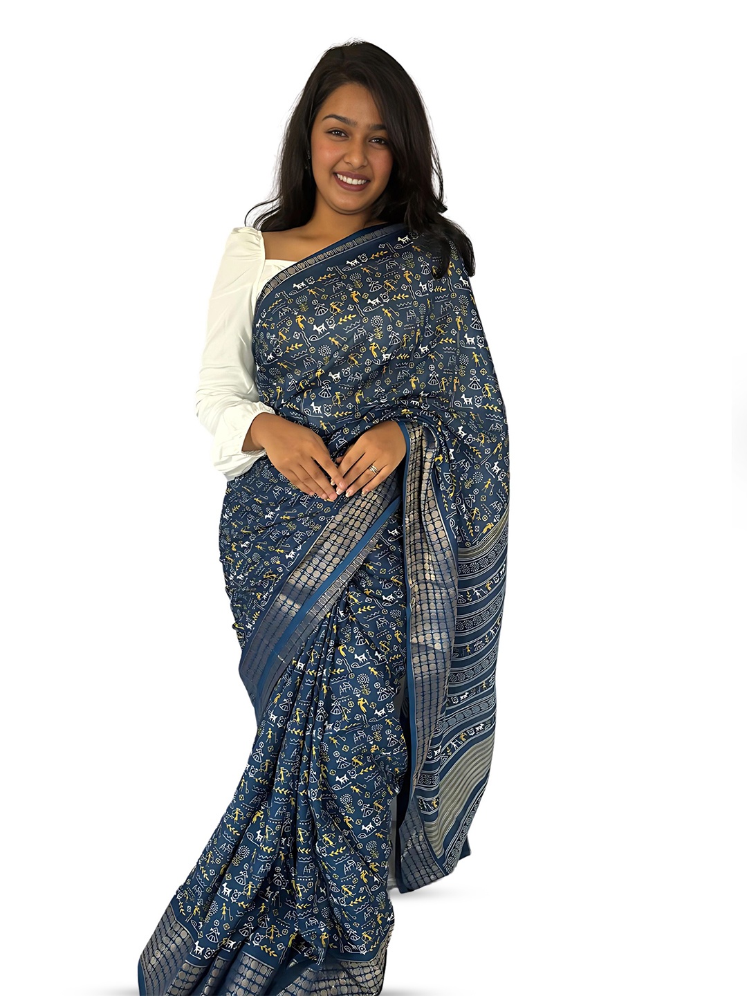 

Sitanjali Warli Zari Chanderi Saree, Sea green