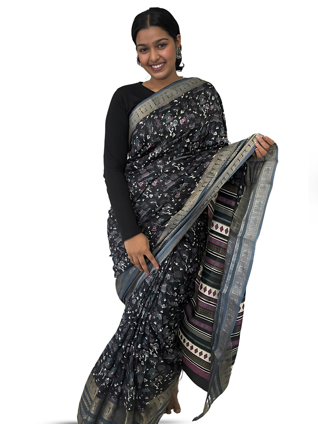 

Sitanjali Warli Zari Chanderi Saree, Black