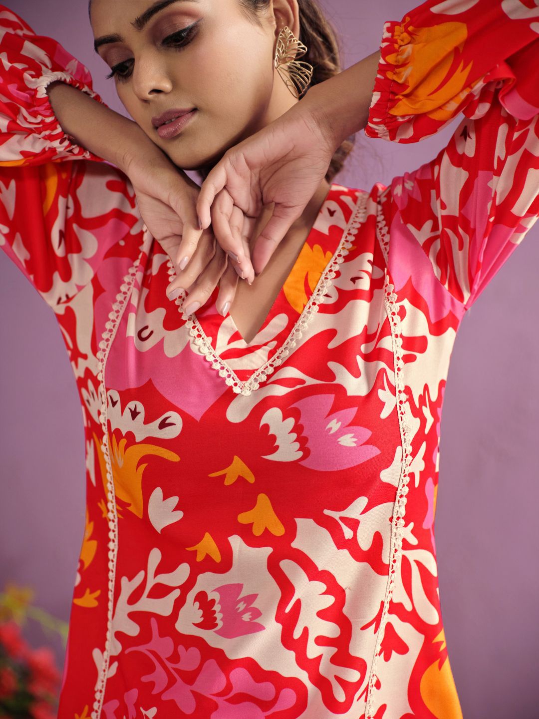 

KALINI Floral Printed Long Sleeve Tunic & Trousers, Red
