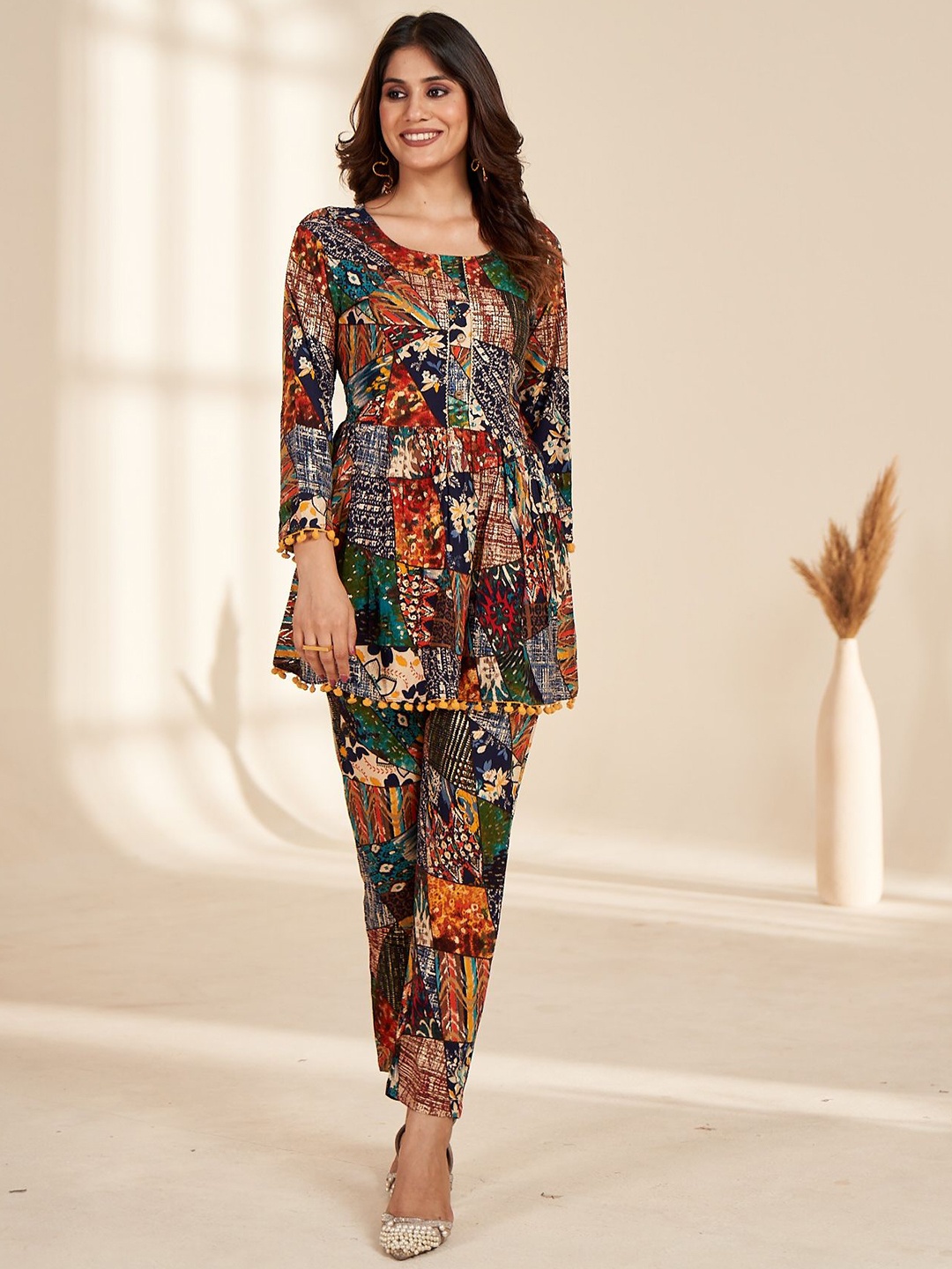 

Rujave Printed Top & Trousers Co-Ord Set, Maroon