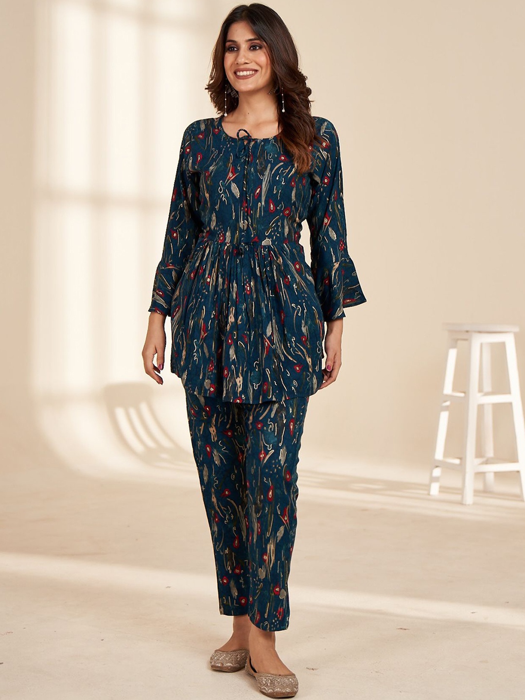 

Rujave Bling & Sparkly Printed Round Neck Top With Trousers Co-Ords, Blue