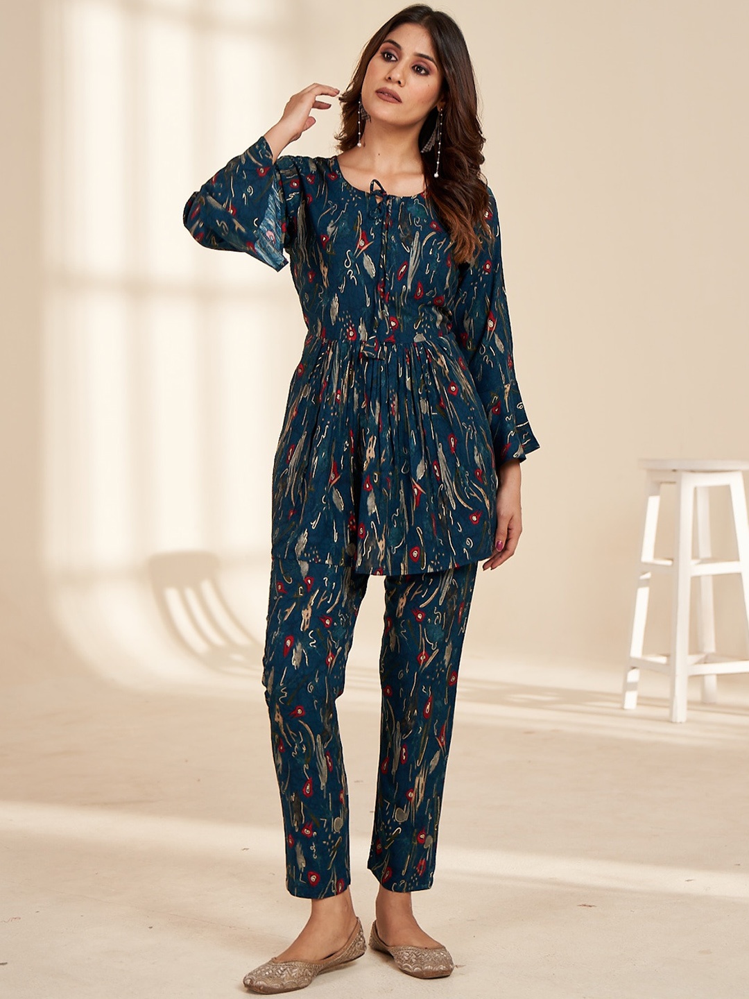 

Rujave Printed Top With Trousers Co-Ords, Blue