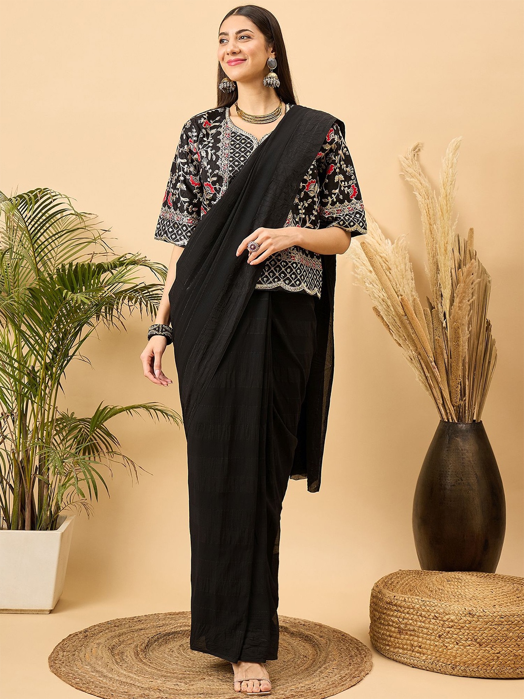 

Dori Embroidered Striped Saree, Black