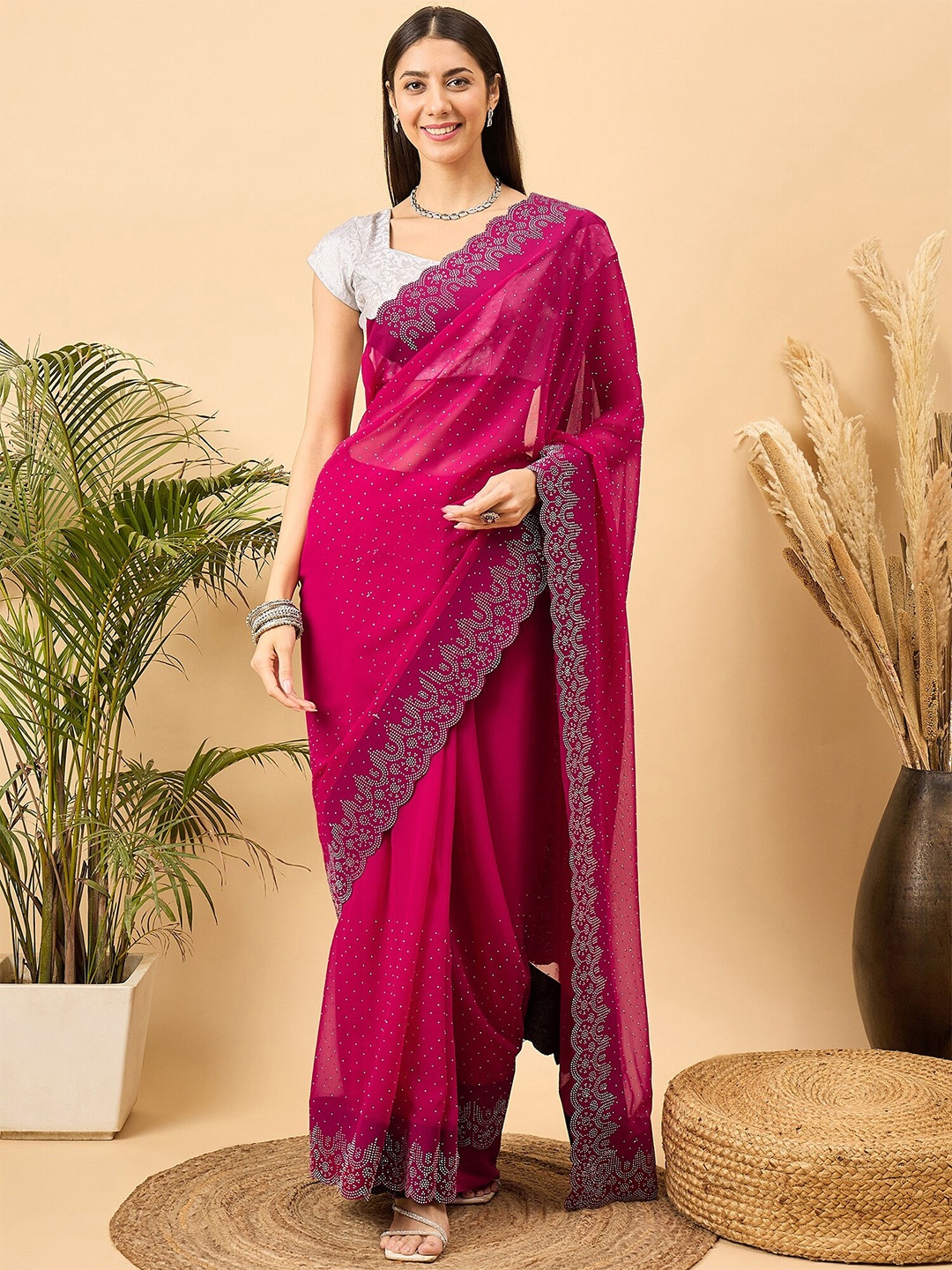 

Dori Embellished Beads and Stones Saree, Pink