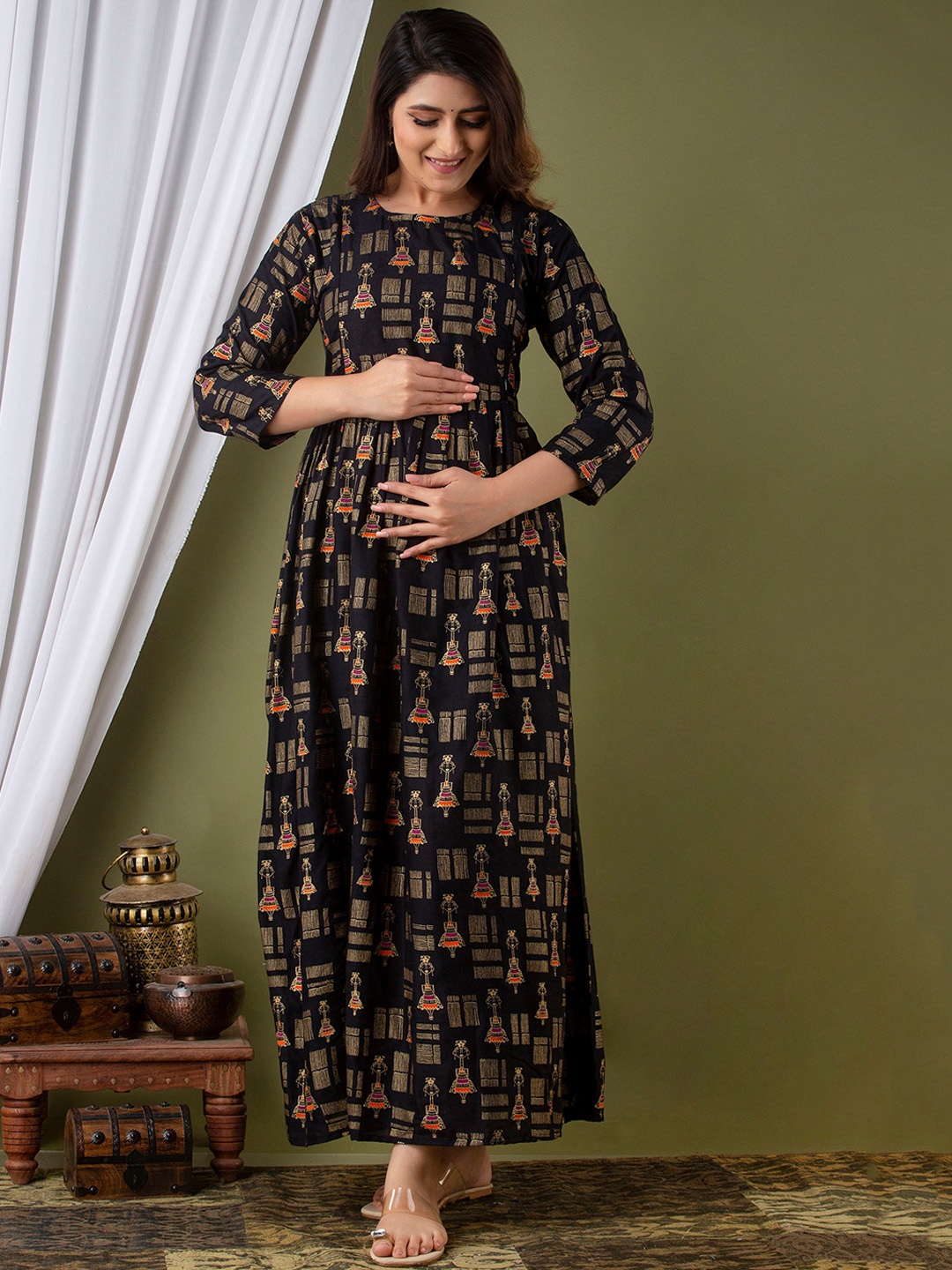 

Mialo fashion Ethnic Motifs Printed Maternity Ethnic Maxi Dress, Black