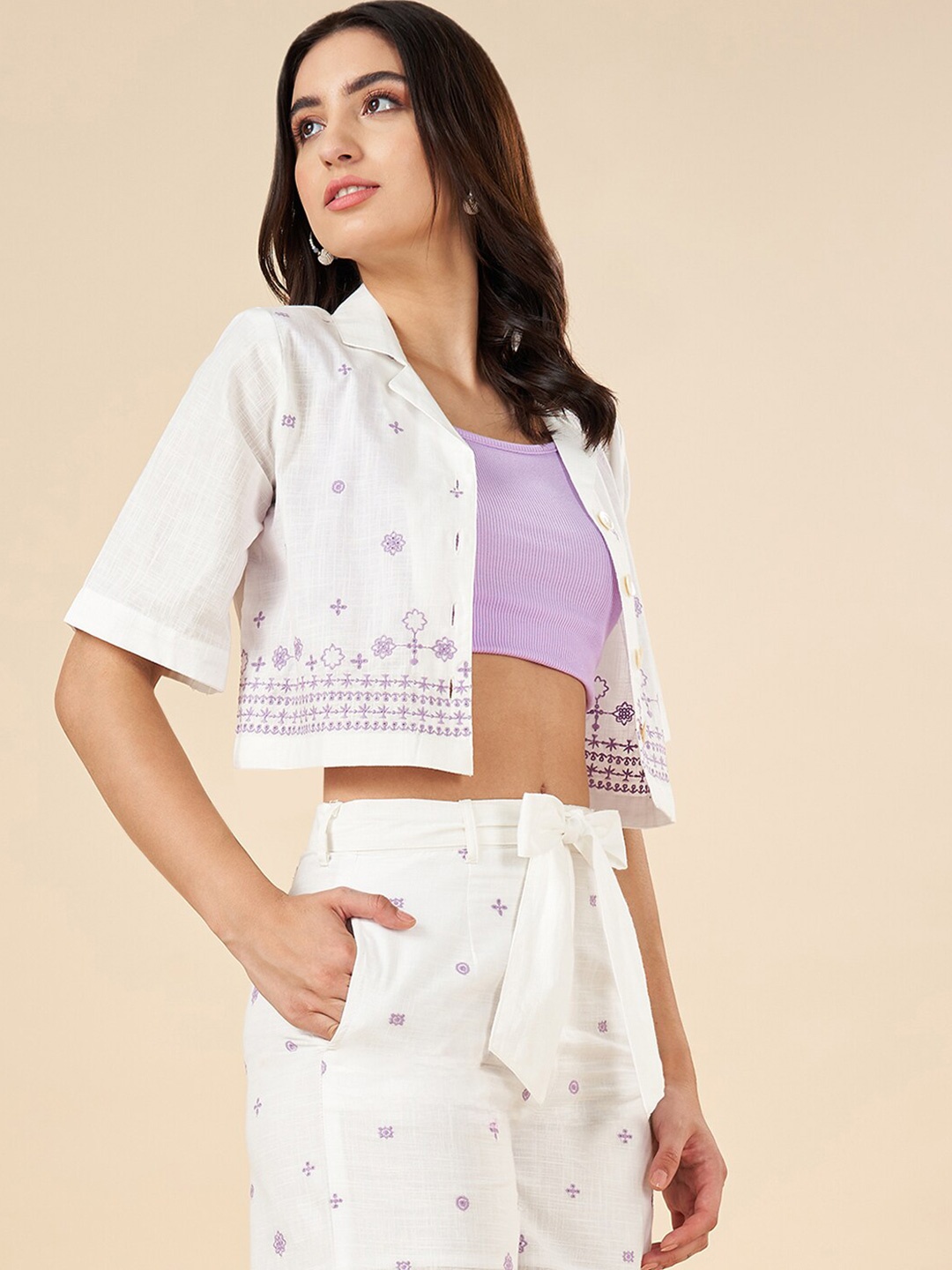 

AKKRITI BY PANTALOONS Women Ethnic Motifs Print Cotton Shirt Style Crop Top, Off white