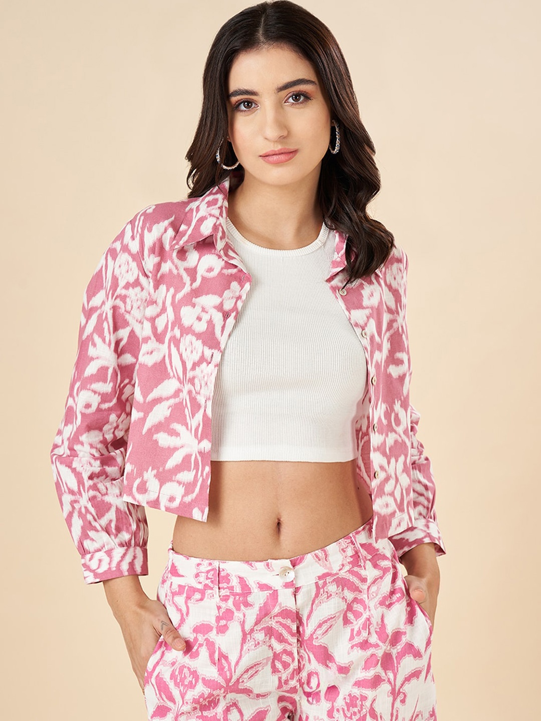 

AKKRITI BY PANTALOONS Women Floral Print Cotton Shirt Style Crop Top, Pink