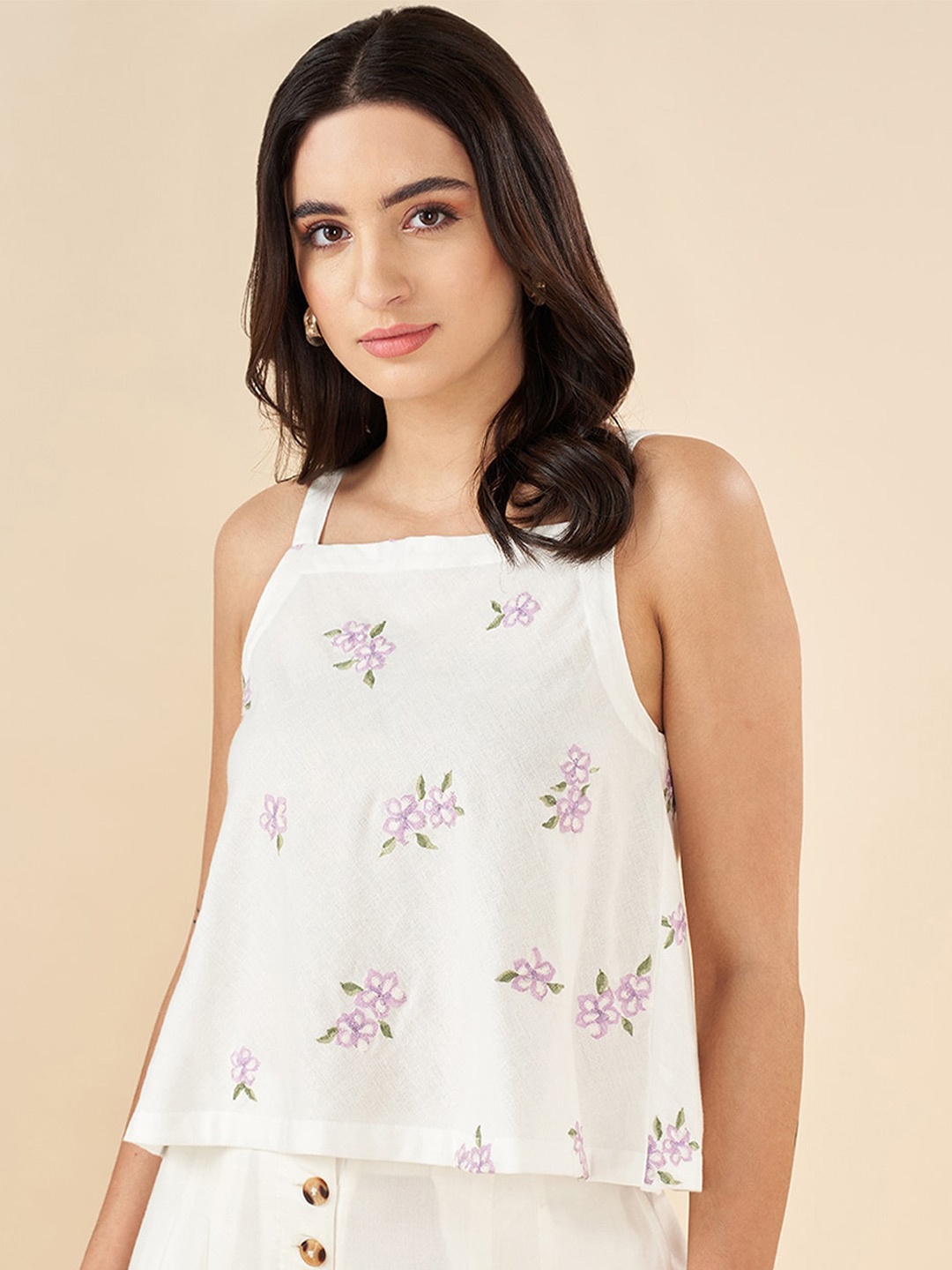 

AKKRITI BY PANTALOONS Women Floral Print Cotton A-Line Top, Off white