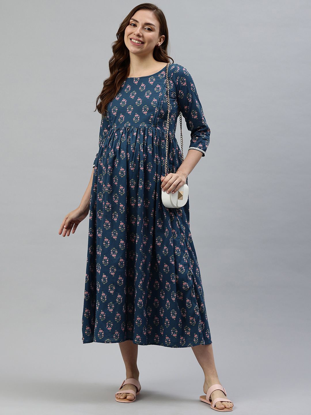 

Swishchick Ethnic Motifs Print Empire Midi Dress, Navy blue