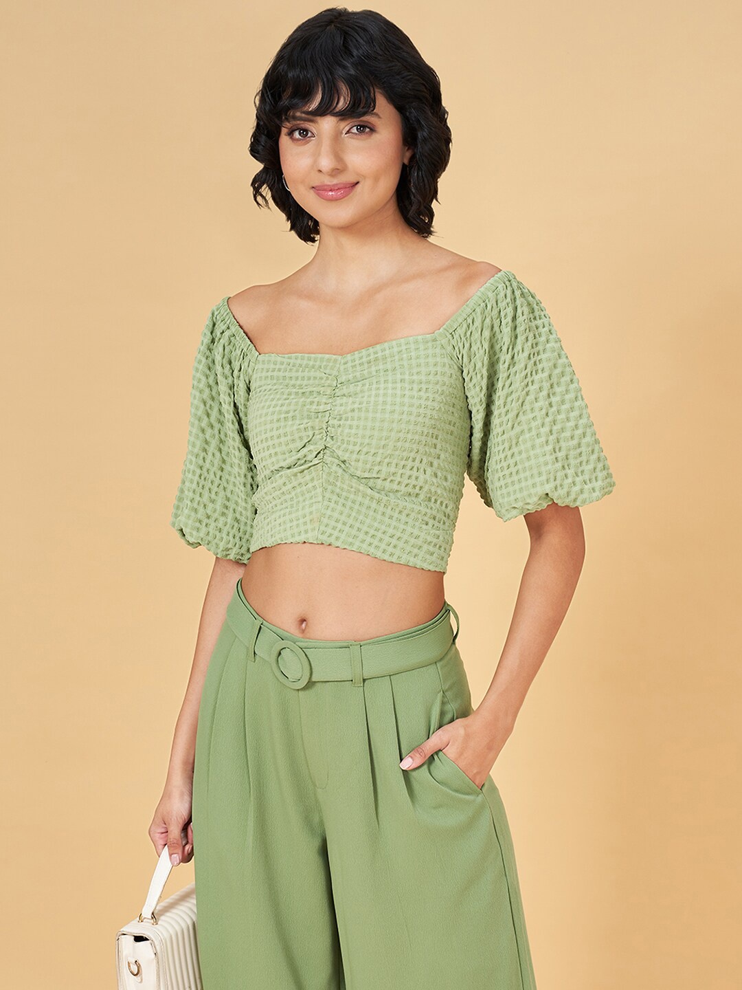 

Honey by Pantaloons Women Self Design Checked Bardot Crop Top, Sea green