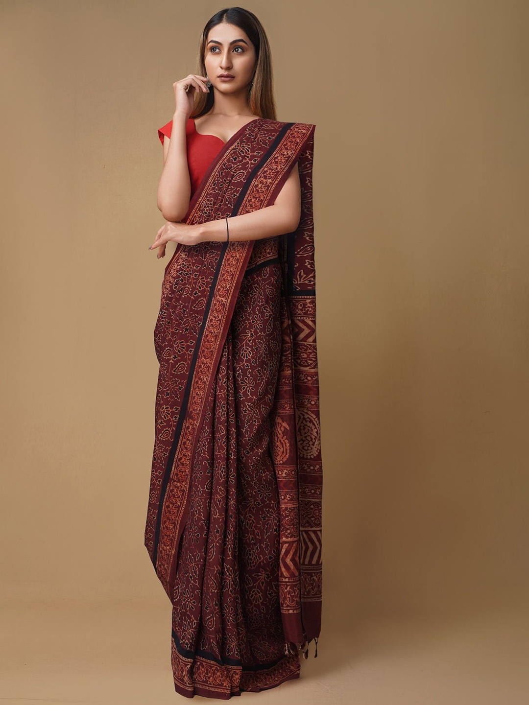 

Unnati Silks Ajrak Block Pure Silk Handloom Chanderi Saree, Brown