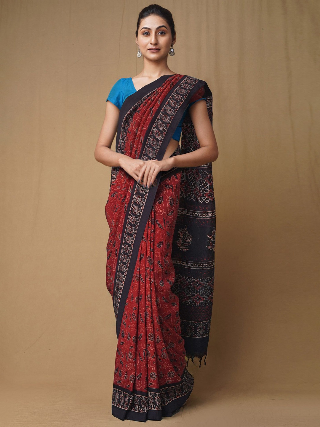 

Unnati Silks Ajrak Block Pure Silk Handloom Chanderi Saree, Red