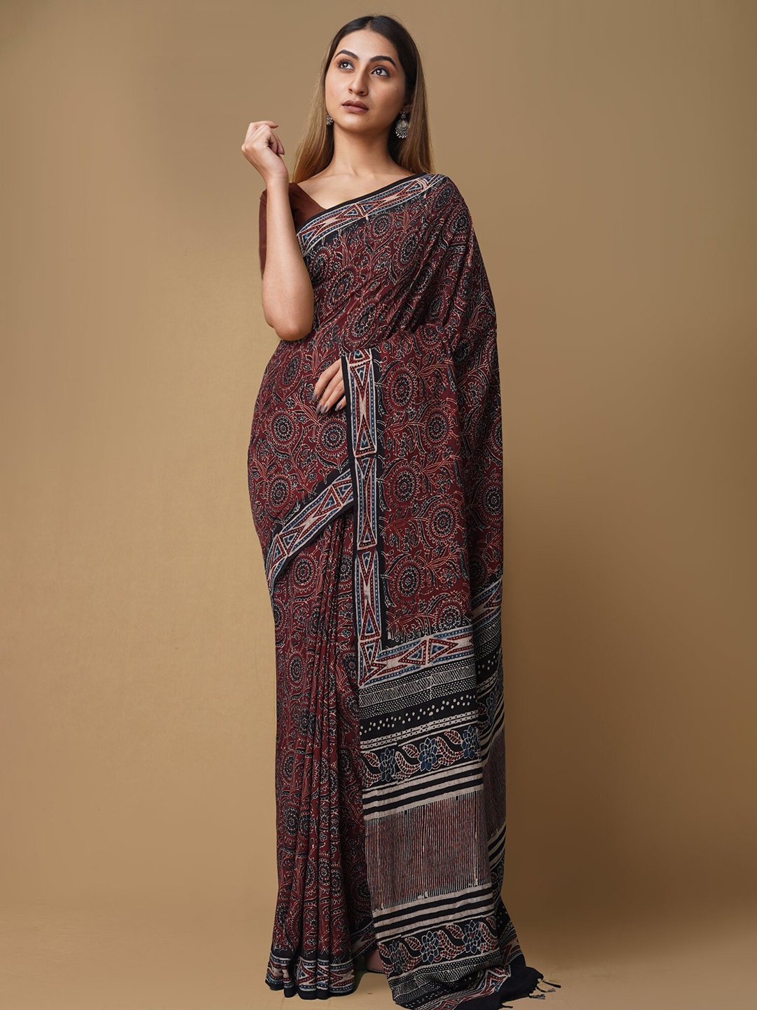 

Unnati Silks Ajrak Block Pure Silk Handloom Chanderi Saree, Brown