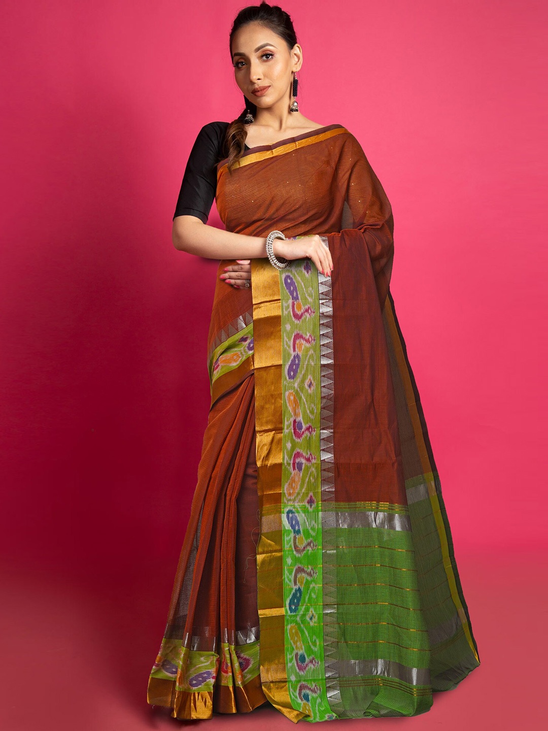 

Unnati Silks Zari Silk Cotton Handloom Kanjeevaram Saree, Rust